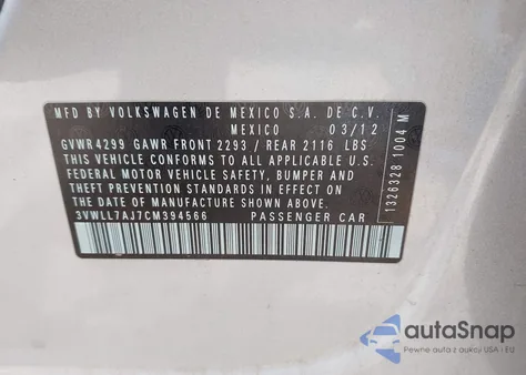 2012 Volkswagen Jetta Tdi from USA, damaged, VIN 3VWLL7AJ7CM394566
